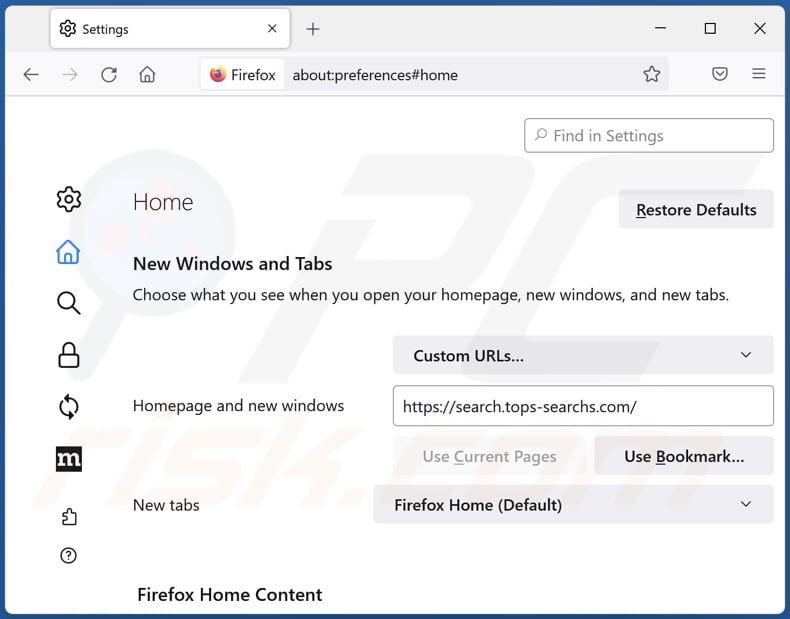 Removing search.tops-searchs.com from Mozilla Firefox homepage