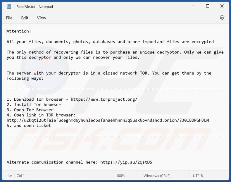U2K ransomware ransom-demanding message (ReadMe.txt)
