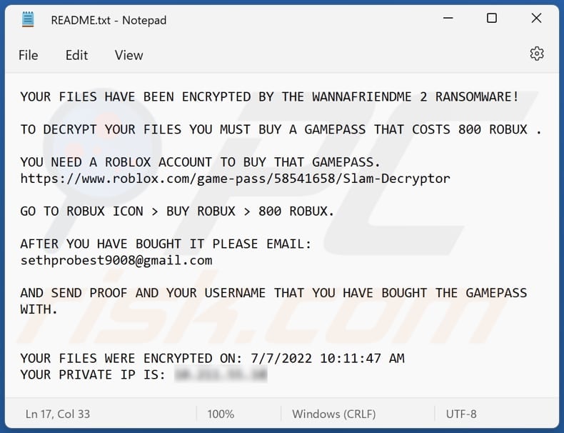 WANNAFRIENDME 2 ransomware text file (README.txt)