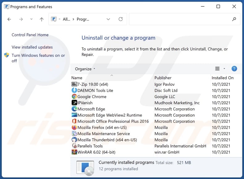 what color adware uninstall via Control Panel