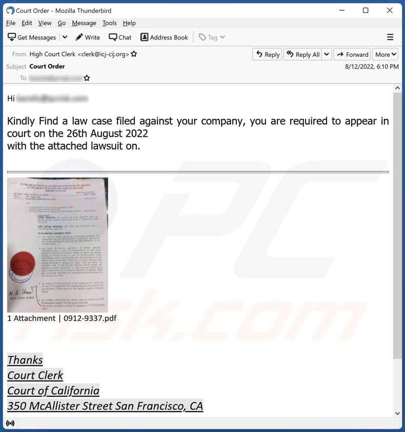 A Law Case Filed Against Your Company email spam campaign