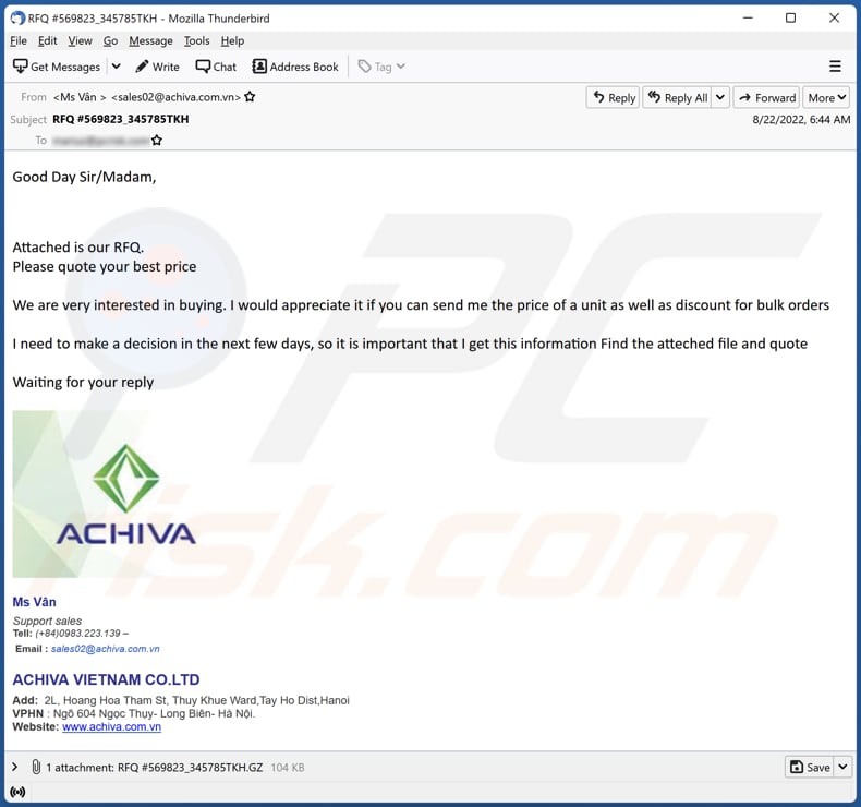 ACHIVA malware-spreading email