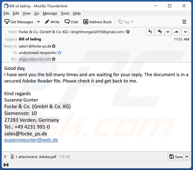 Example of Adobe Reader File email spam campaign