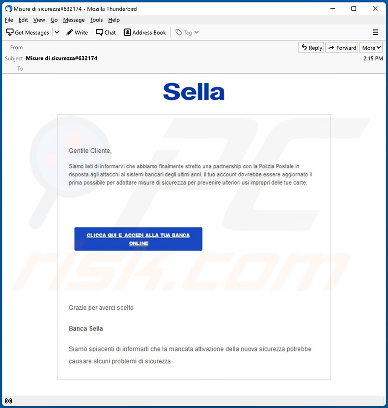 Banca Sella-themed spam email used to promote a phishing site (2022-08-11)