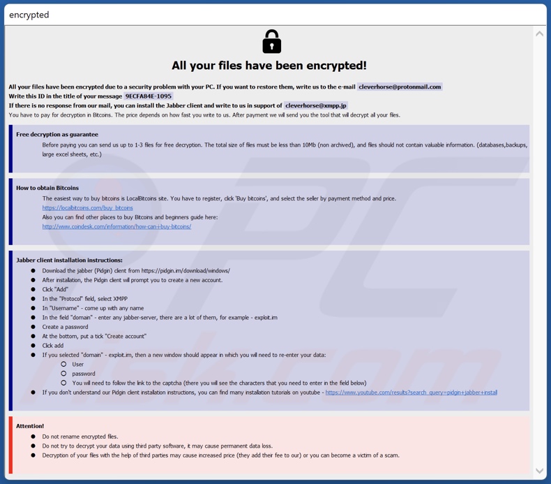 BITCOINPAYMENT ransomware ransom-demanding message (info.hta)