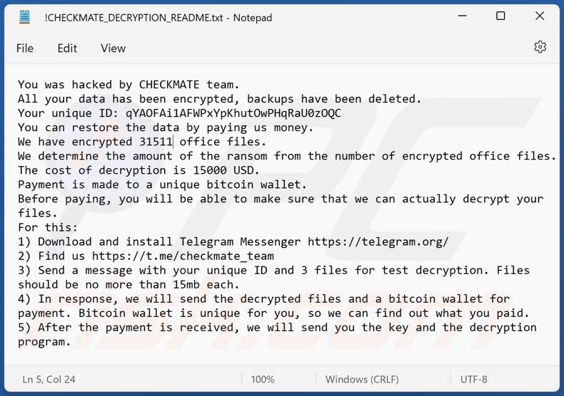Checkmate ransomware ransom-demanding message (!CHECKMATE_DECRYPTION_README.txt)