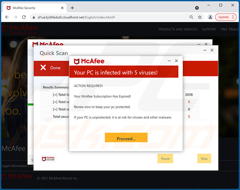 McAfee - Your PC is infected with 5 viruses! pop-up scam promoted using CloudFront service