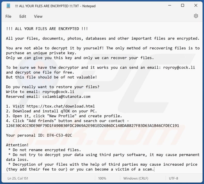 Colambia ransomware ransom-demanding message (!!! ALL YOUR FILES ARE ENCRYPTED !!!.TXT)