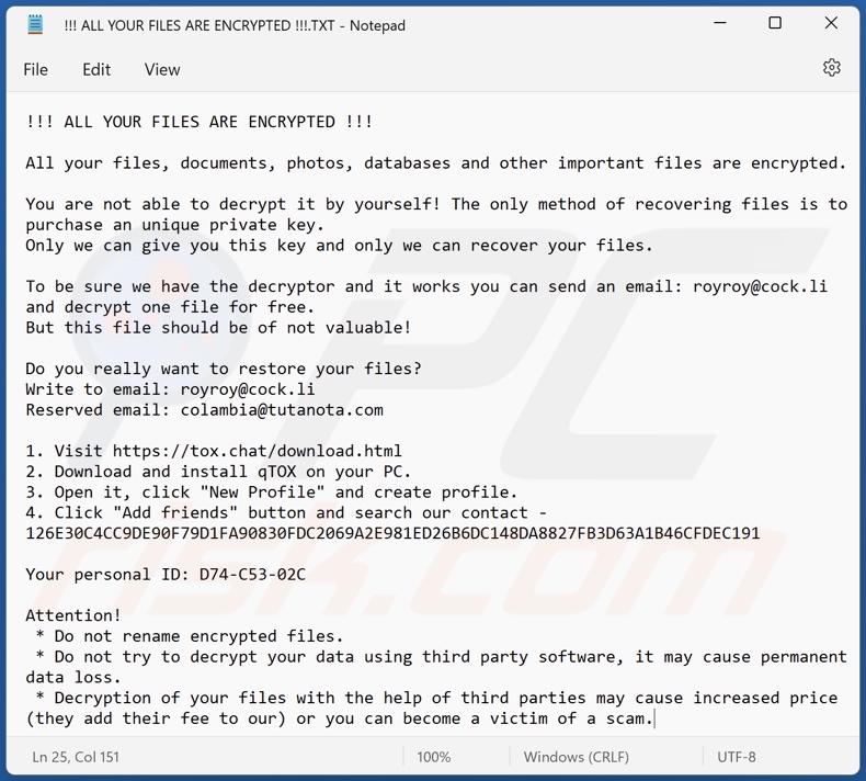 Colambia ransomware ransom-demanding message (!!! ALL YOUR FILES ARE ENCRYPTED !!!.TXT)