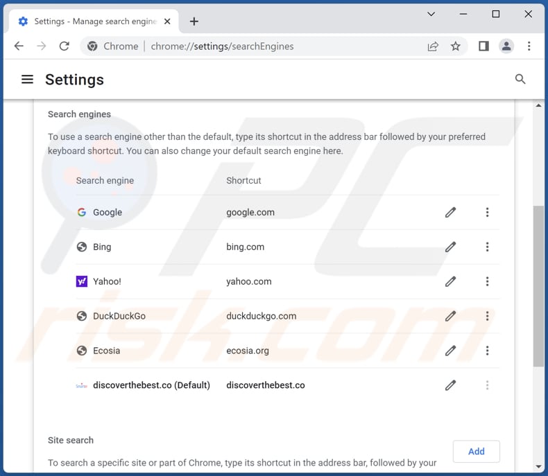 Removing discoverthebest.co from Google Chrome default search engine