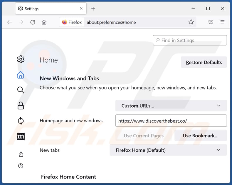 Removing discoverthebest.co from Mozilla Firefox homepage