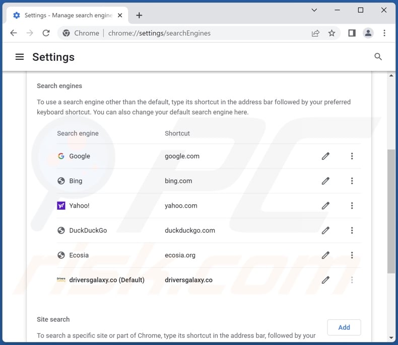 Removing driversgalaxy.co from Google Chrome default search engine