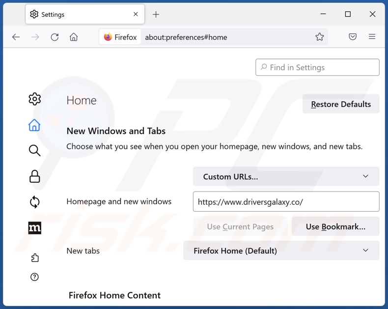 Removing driversgalaxy.co from Mozilla Firefox homepage