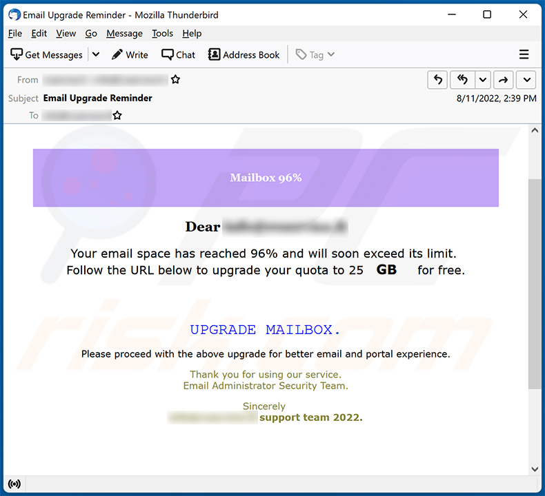 Your email space has reached 96% and will soon exceed spam