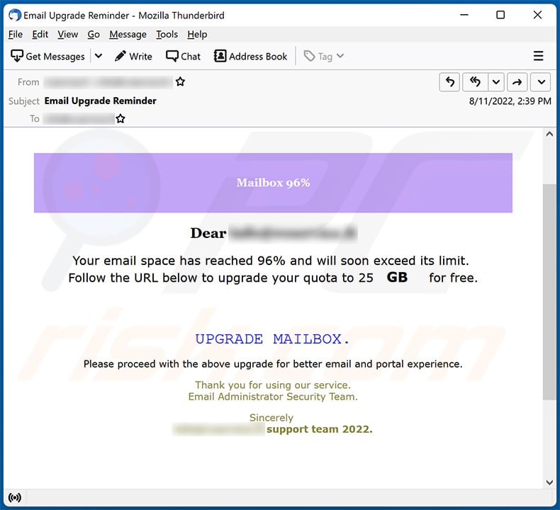 Your email space has reached 96% and will soon exceed spam