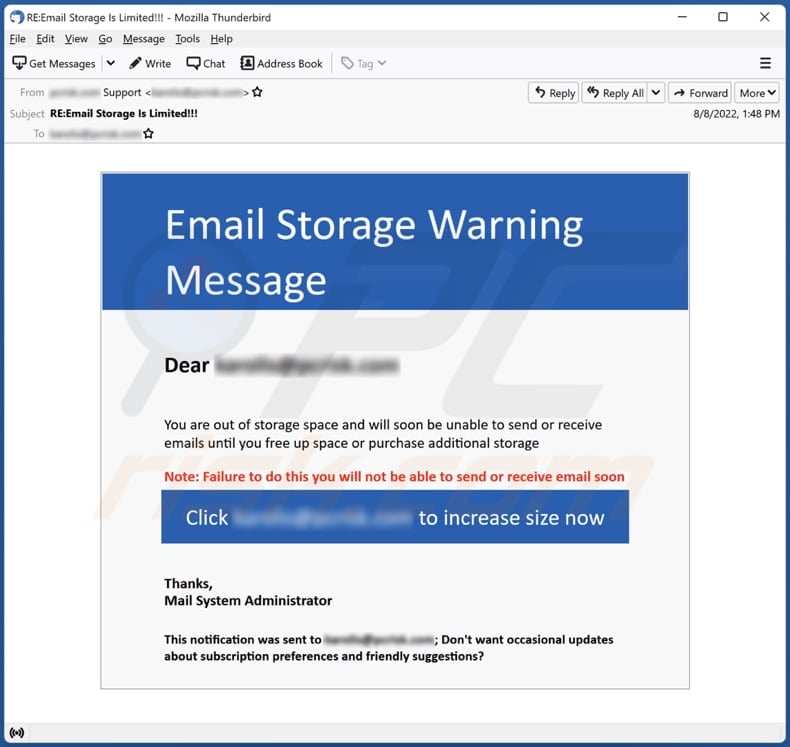 Email Storage Warning Message email scam