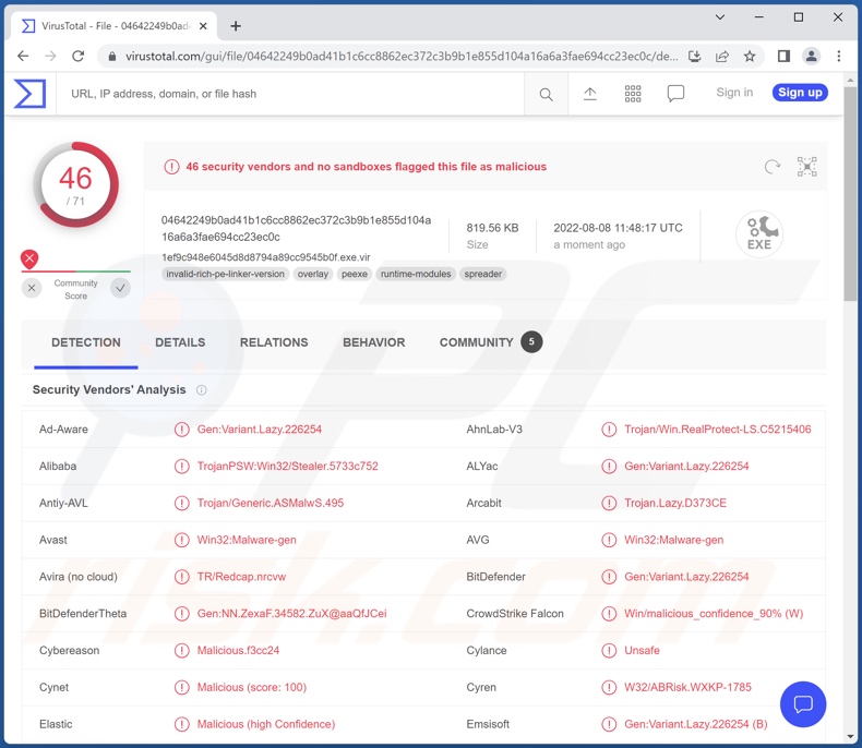 Erbium malware detections on VirusTotal