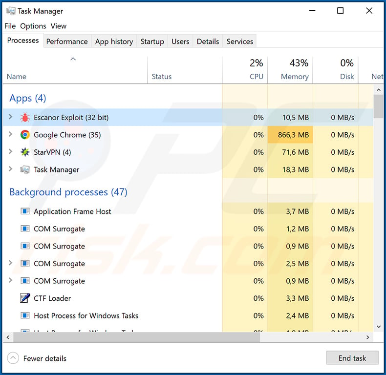 Escanor RAT in Windows Task Manager