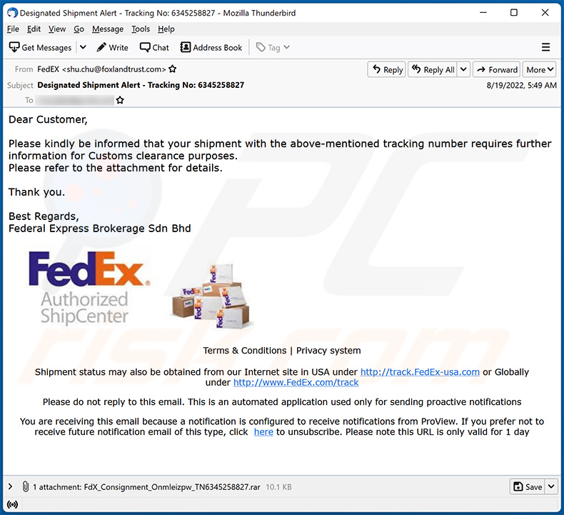 FedEx Express-themed spam email spreading FormBook (2022-08-23)
