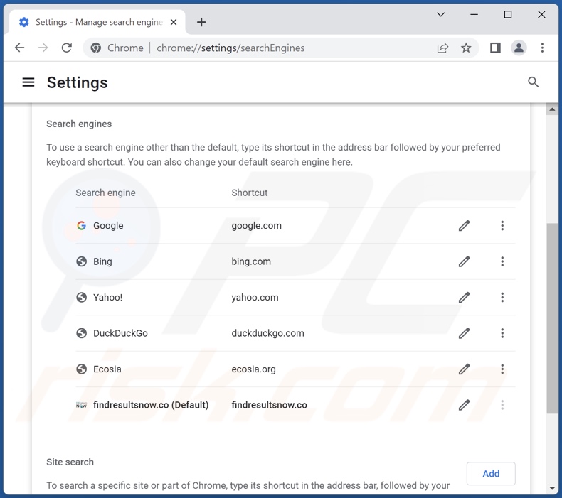 Removing findresultsnow.co from Google Chrome default search engine