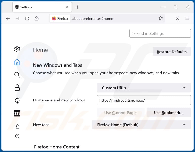 Removing findresultsnow.co from Mozilla Firefox homepage