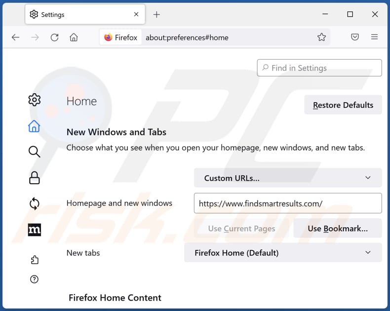 Removing findsmartresults.com from Mozilla Firefox homepage