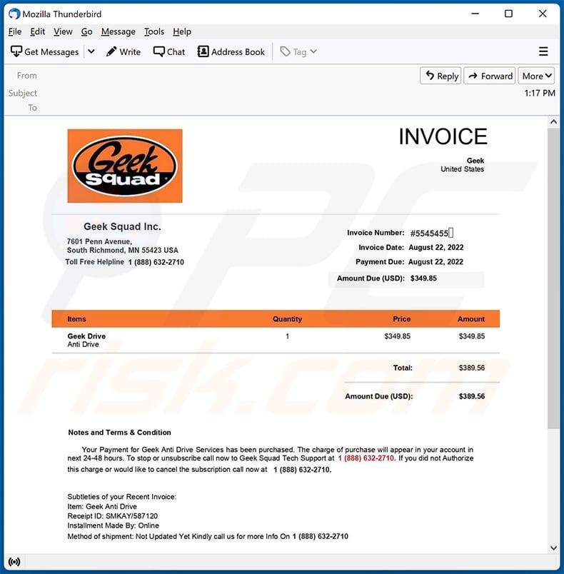 Geek Squad-themed spam email (2022-08-23)