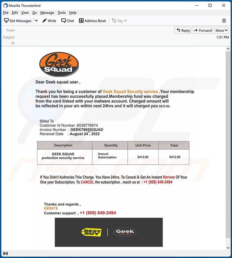 Geek Squad spam email (2022-08-25)