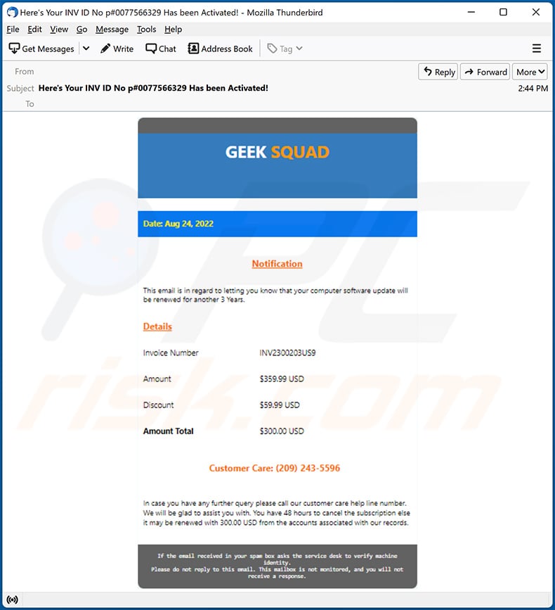 Geek Squad-themed spam email (2022-08-26)