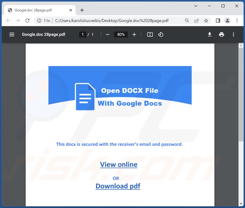 Phishing website promoting attachment distributed through a Google Docs email scam campaign (Google.doc 28page.pdf - filename)
