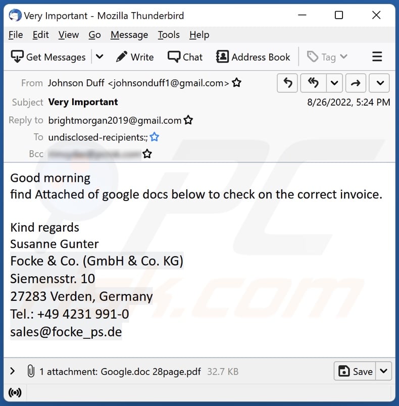 Example of Google Docs email scam