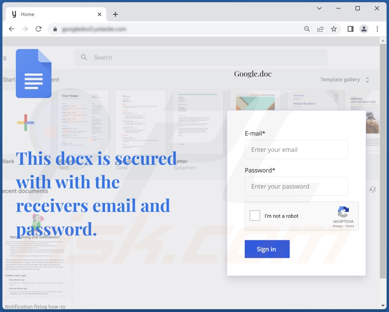 Phishing website promoted by a Google Docs email scam campaign