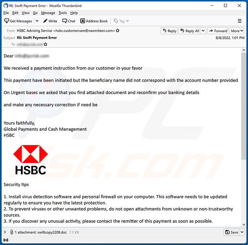 HSBC-themed spam email spreading Agent Tesla malware (2022-08-09)