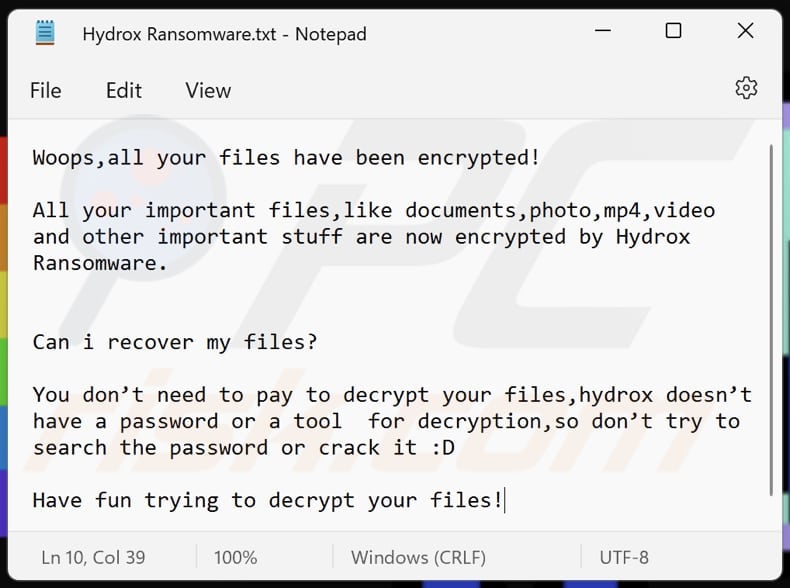 Hydrox ransomware text file (Hydrox Ransomware.txt)