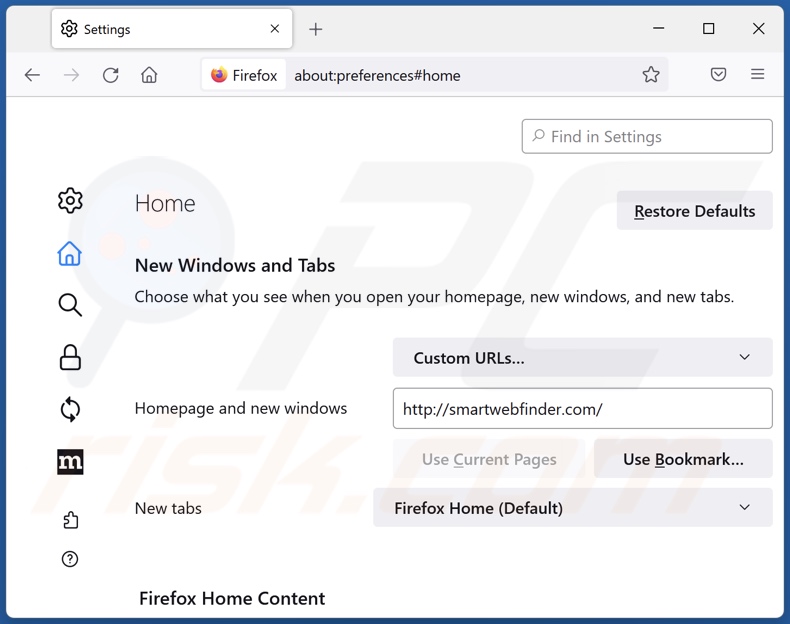 Removing smartwebfinder.com from Mozilla Firefox homepage
