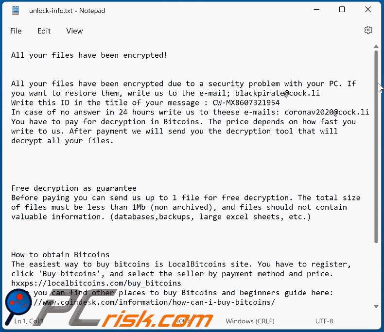 Lavasky ransomware ransom-demanding message (unlock-info.txt) GIF