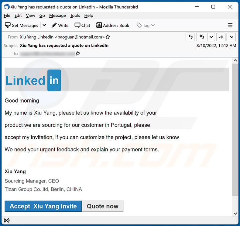 LinkedIn-themed spam email promoting a phishing site (2022-08-11)