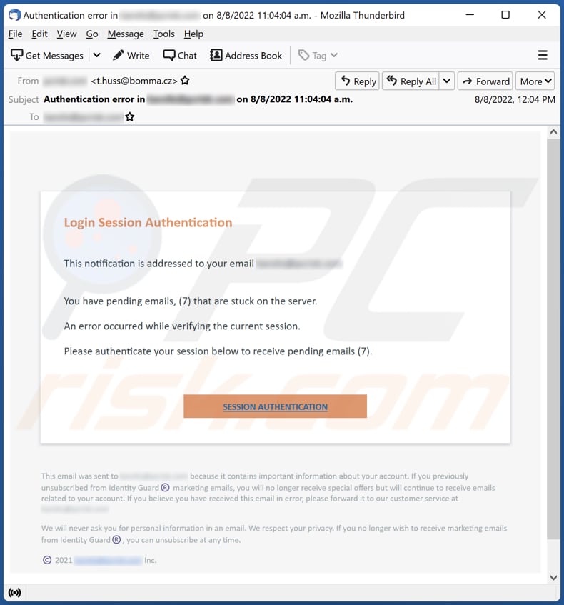 Login Session Authentication email scam