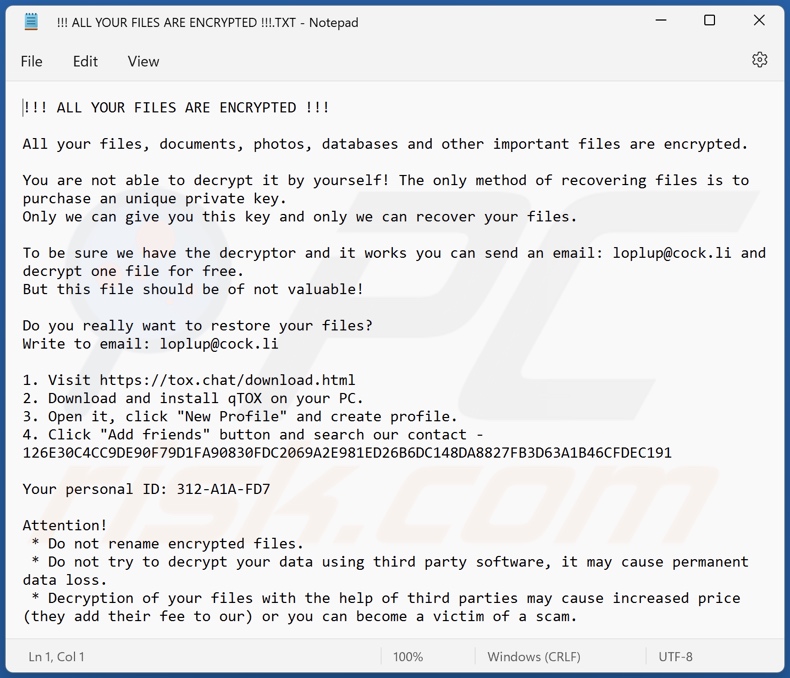 Loplup ransomware ransom-demanding message (!!! ALL YOUR FILES ARE ENCRYPTED !!!.TXT)