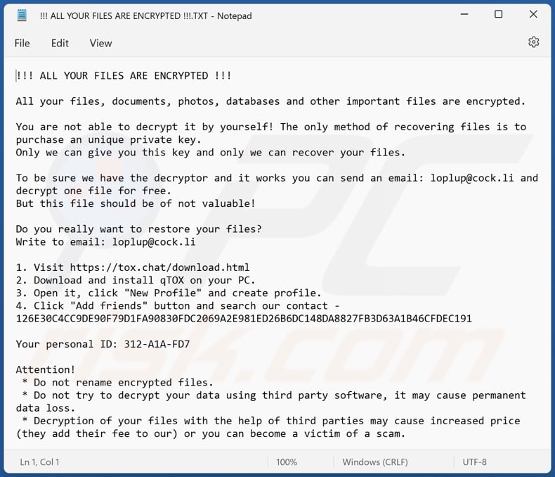 Loplup ransomware ransom-demanding message (!!! ALL YOUR FILES ARE ENCRYPTED !!!.TXT)