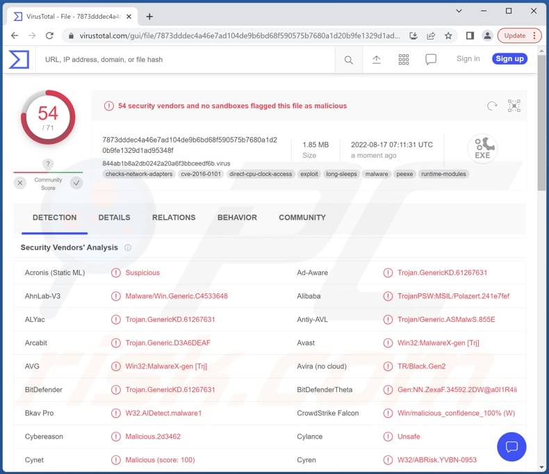 Lumma malware detections on VirusTotal