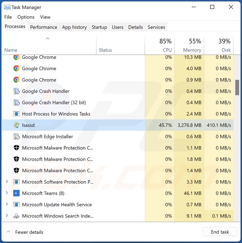 Moisha ransomware process on Task Manager (Isassd - process name)