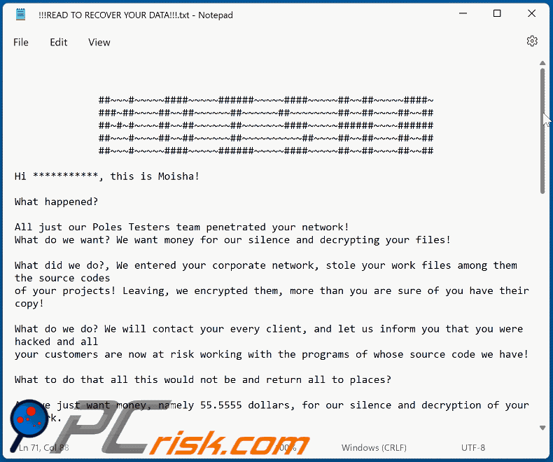 Moisha ransomware ransom-demanding message (!!!READ TO RECOVER YOUR DATA!!!.txt) GIF