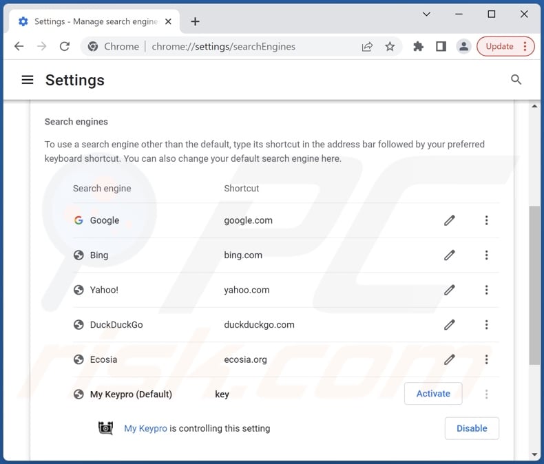 Removing keysearchs.com from Google Chrome default search engine