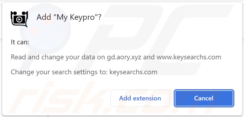 My Keypro browser hijacker asking for permissions