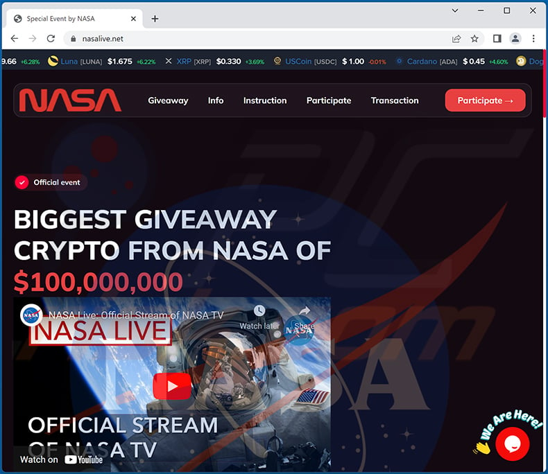 NASA ETH and BTC Giveaway scam website - nasalive.net (2022-08-30)