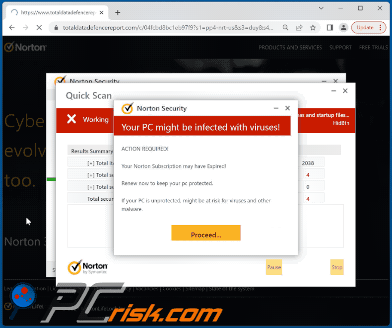 Appearance of Norton Security - Your PC Might Be Infected With Viruses! scam (GIF)