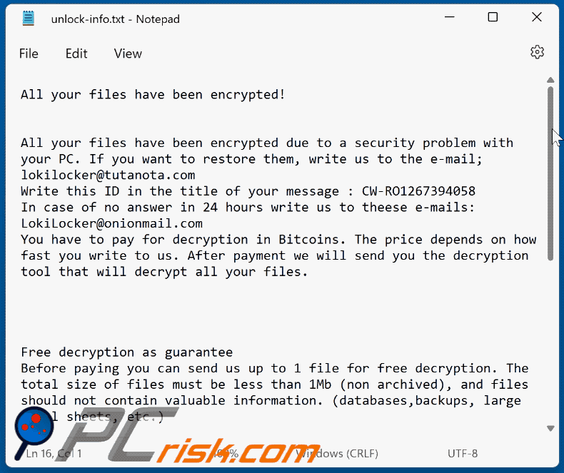 Oiltraffic ransomware ransom note (unlock-info.txt)