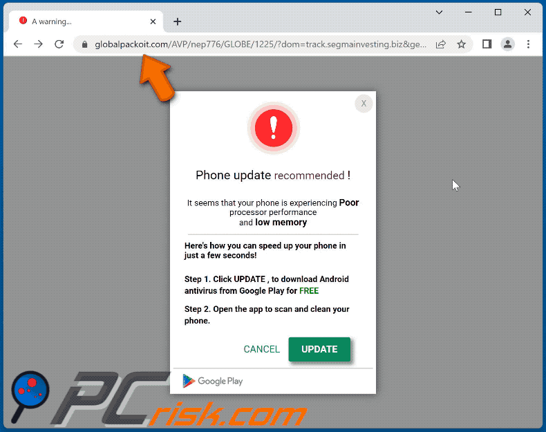 Phone Update Recommended scam redirect appearance (GIF)