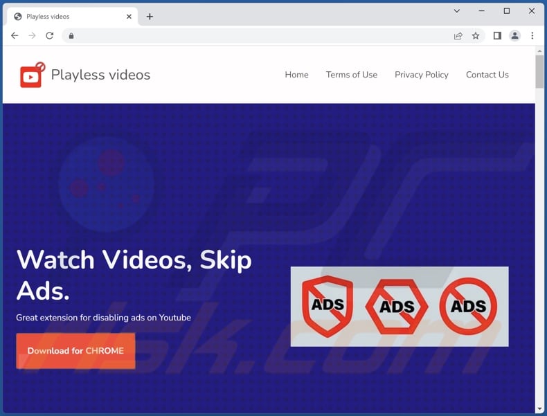 Website promoting Playless videos adware